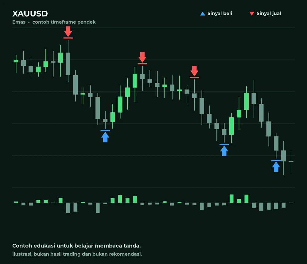 Contoh chart emas XAUUSD dengan panah biru sinyal beli dan panah merah sinyal jual. Ilustrasi edukasi, bukan hasil trading.